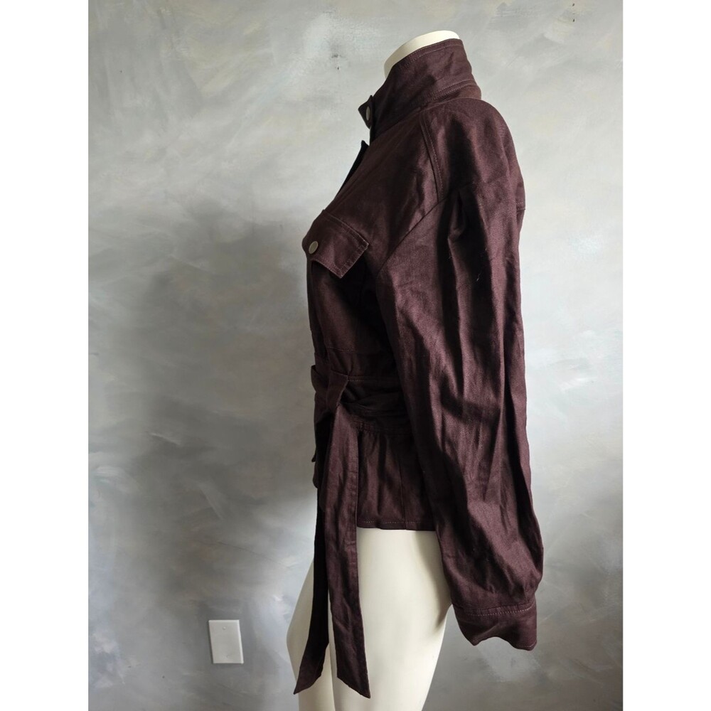 Banana Republic Linen Aviator Tie Waist Jacket Top Bark Brown Sz S High Neck - Picture 4 of 11